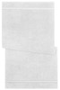Two white bath towels stacked with a subtle textured pattern and a logo in the corner.