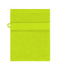 A bright lime green hand towel featuring a textured band and a loop for hanging, with a logo present.