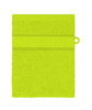 A vibrant neon yellow hand towel with a textured band and a loop for easy hanging.