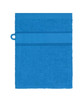 A blue hand towel featuring a textured stripe. The towel has a loop for easy hanging and includes branding.