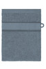 A blue hand towel featuring a textured band and a hanging loop, displaying a soft and absorbent fabric.