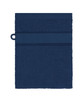 A navy hand towel with a textured band and a hanging loop. The towel features a simple, soft design.