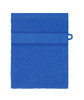 A blue hand towel with a textured band across the centre and a hanging loop. It features a branding logo.