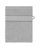 A grey hand towel featuring textured detailing and a loop for hanging, with a branded logo.