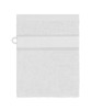 A white hand towel featuring a textured band and a loop for hanging. The towel has a towel loop and is soft and absorbent.