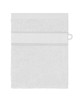 A white hand towel featuring a textured strip and a hanging loop, designed for personal use.