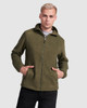 An olive green fleece jacket with a front zipper and two side pockets, worn by a model.