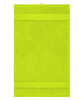 A bright lime green guest towel with a textured surface and hanging loop. The product features a logo.