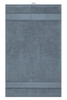 A grey guest towel featuring textured stripes and a hanging loop for easy storage.
