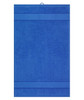 A blue guest towel with a textured design and a hanging loop. It features a logo in the corner.