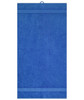 A blue hand towel featuring a loop for hanging and two striped accents. It has a soft, plush texture.
