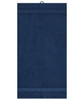A navy hand towel with a textured finish and a hanging loop at the top. It features subtle tonal stripes.