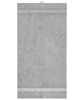 A grey hand towel with a textured surface and two horizontal stripes. It features a hanging loop.