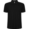 A black polo shirt with a collar and buttons, featuring a logo on the collar.