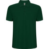 A dark green polo shirt with a classic collar and three buttons, featuring a logo on the label.