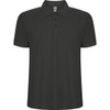 A black polo shirt featuring a standard collar, three buttons, and a logo on the neckline.