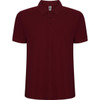 A burgundy polo shirt featuring a classic collar, three buttons, and a logo on the label.