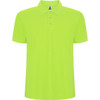A bright lime green polo shirt featuring a collar and short sleeves, with a branding logo.