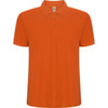 An orange polo shirt with a classic collar and three buttons, featuring a logo on the label.
