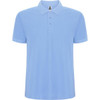 A light blue polo shirt with a collar and three buttons, featuring a logo on the upper side.