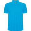 A blue premium polo shirt with a collar and three buttons, featuring a logo on the tag.