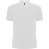 A white polo shirt with a classic collar and three buttons, featuring a logo on the inner neck.