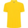 A yellow polo shirt with a collared neckline and three-button placket. It also features a logo on the collar.