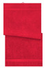 A red bath towel displayed flat, featuring a textured surface and a branding logo on one side.