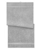 A grey bath towel displayed flat, featuring a subtle texture and a hanging loop.