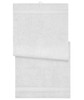 A white bath sheet with a textured design and hanging loop. It features two horizontal stripes near the edges.