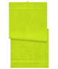 A bright lime green bath sheet featuring a smooth texture and a hanging loop. It has a simple, branded design.