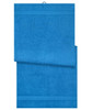 A blue bath sheet featuring a textured design and a hanging loop at the top. It has a logo on it.