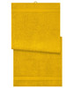 A vibrant yellow bath sheet featuring a textured design and a hanging loop for convenience.