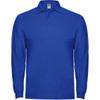 A blue long sleeve polo shirt featuring a collar and a logo on the label.