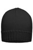 A black ribbed beanie with a folded brim, featuring a textured knit design.