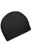 A black ribbed beanie with a simple design, featuring a folded hem and a textured knit pattern.