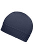A navy ribbed beanie with a snug fit and a simple design. It features a logo.
