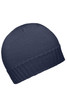 A navy ribbed beanie with a folded brim, featuring a logo on one side.