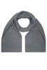 A grey knitted scarf, featuring a ribbed texture, displayed in a draped position. It has a logo on it.