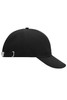 A black six-panel cap featuring a curved brim and an adjustable strap at the back. It has a logo on the side.