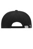 A black turned 6 panel cap featuring a back strap closure and a logo. Suitable for casual wear.
