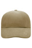 A khaki 6 panel cap featuring a rounded crown and a curved brim, with a logo on the front.