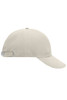 A beige six-panel cap with a logo, featuring a curved brim and an adjustable strap at the back.