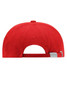 A red turned 6 panel cap with a silver adjustment strap at the back and a logo on the side.