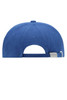 A blue turned 6 panel cap with a curved visor and an adjustable strap at the back featuring a logo.