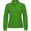 A long sleeve polo shirt in vibrant green with a collar and buttons, featuring a logo.