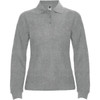 A long sleeve polo shirt in light grey, featuring a collar and fitted design, with a logo on the label.
