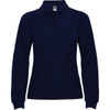 A navy long sleeve polo shirt for women, featuring a collar and three buttons, with a logo on the label.