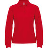 A red long sleeve polo shirt featuring a collar and a subtle logo on the front.