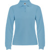 A light blue long sleeve polo shirt for women with a collar and buttons, featuring a logo on the label.